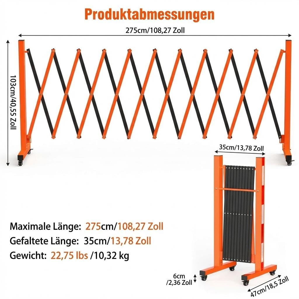 Ausziehbare Metall Absperrung 2.7m, Faltbares Sicherheitsgitter Aus Stahl Mit Rollen, Mobile Scherengitter Absperrbarriere Für Industrie, Lager, Baustelle Und Außenbereich, Schwarz Orange