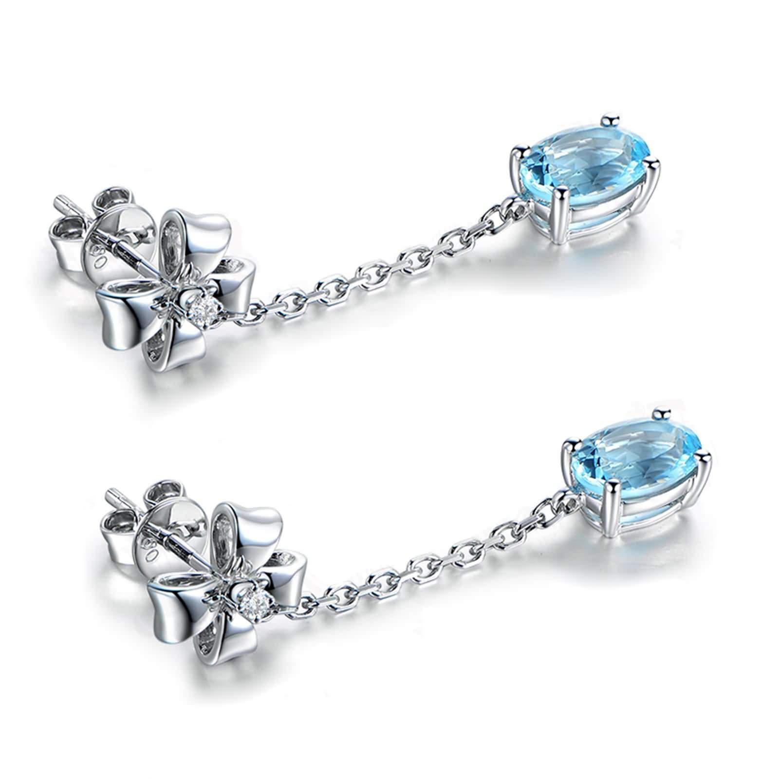 Aquamarin-Tropfenohrringe für Damen, baumelnde Ohrringe für Damen, Diamant-18-Karat-Schleife mit Kette und ovale Aquamarin-Ohrringe von 1,65 ct