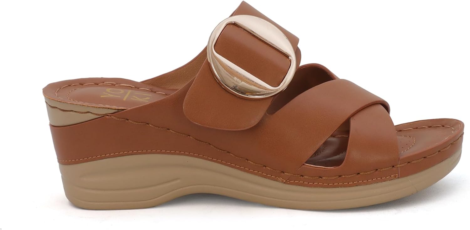 YOKI IRENA Wedge Sandals For Women With Crisscross Strap And Buckle - Open Toe Sandal With Cushioned Footbed & Womens Sandals Comfortable Dressy (Cognac, Size 8) - Image 2