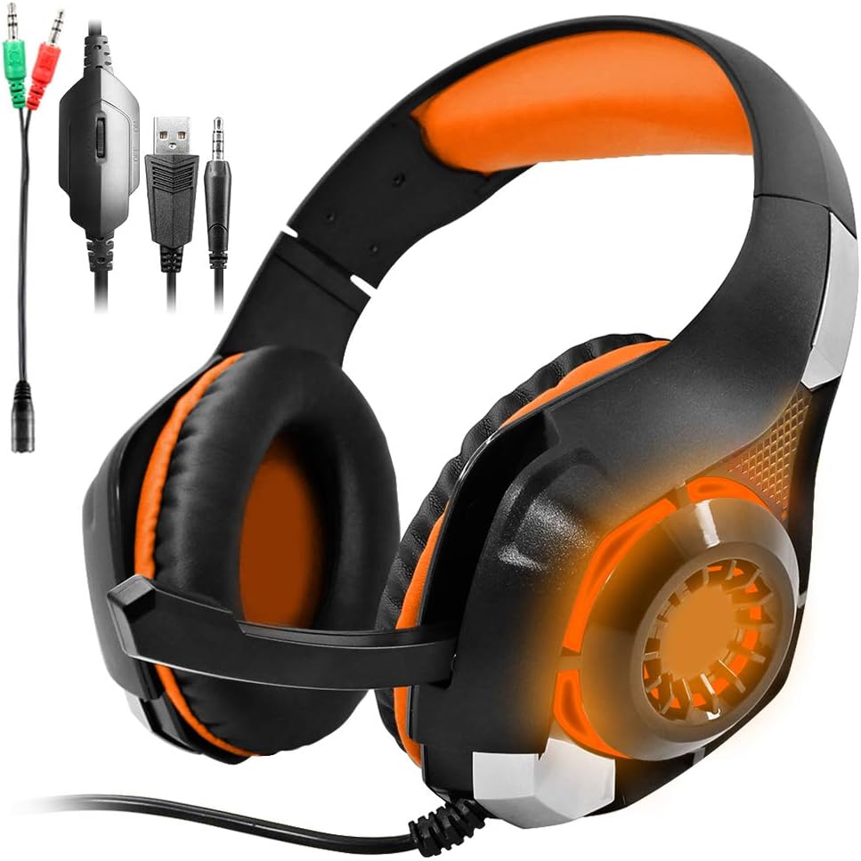 GM-1 PS4 Pro Headphones Compatible PC Tablet Cellphone,AFUNTA Stereo LED Backlit Gaming Headset with Mic & Retail Box - Orange