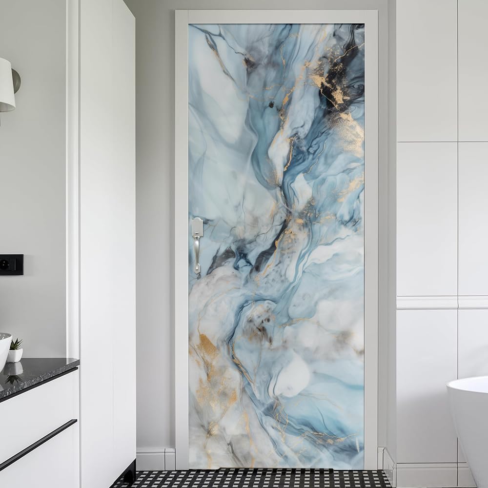 REDAMANCY 30.7"x79" Blue White Marble Fluid Modern Peel and Stick Door Stickers Vinyl 3D Door Mural Decals Modern Door Wallpaper Self-Adhesive, Waterproof, Removable Decor for Kitchen Bedroom