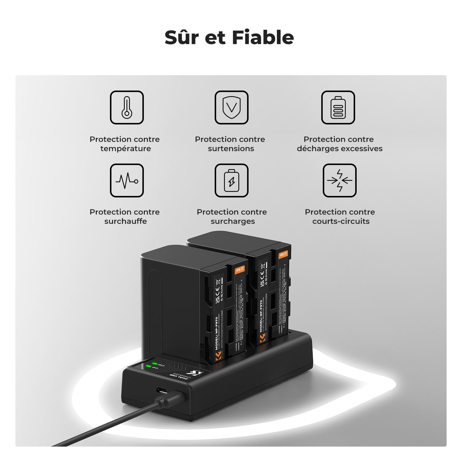 K&F CONCEPT NP-F970 Batteries 6600mAh Kit Chargeur LED Compatible avec Sony NP-F550 F570 F750 F770 F930 F950 F960 F970 pour Lampes LED Haute Puissance/Moniteur/Caméra Slider