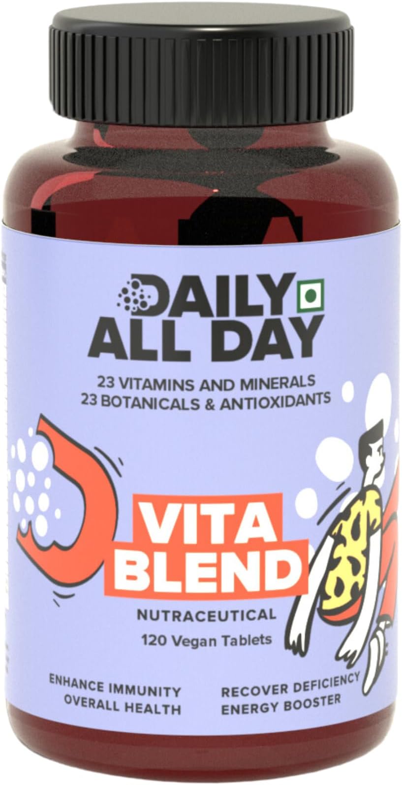 Vita Blend Ayurvedic Multivitamin Tablets, 46-in-1 with Omega 3-6-9, Vitamin B12, D3, K2, Zinc, Iron, Botanicals, Ashwagandha, Brahmi, Tulsi, Giloy, Moringa, Immunity, Energy & Stamina,120 Tablets