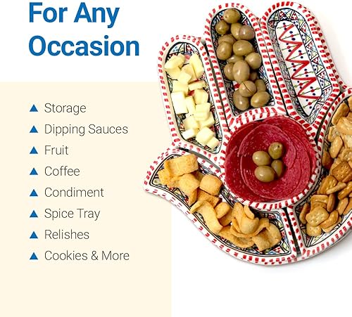 Miniatura 7 de KAMSAH Juego de inmersión y servir de Hamsa rojo bohemio, versátil decoración de cerámica hecha a mano