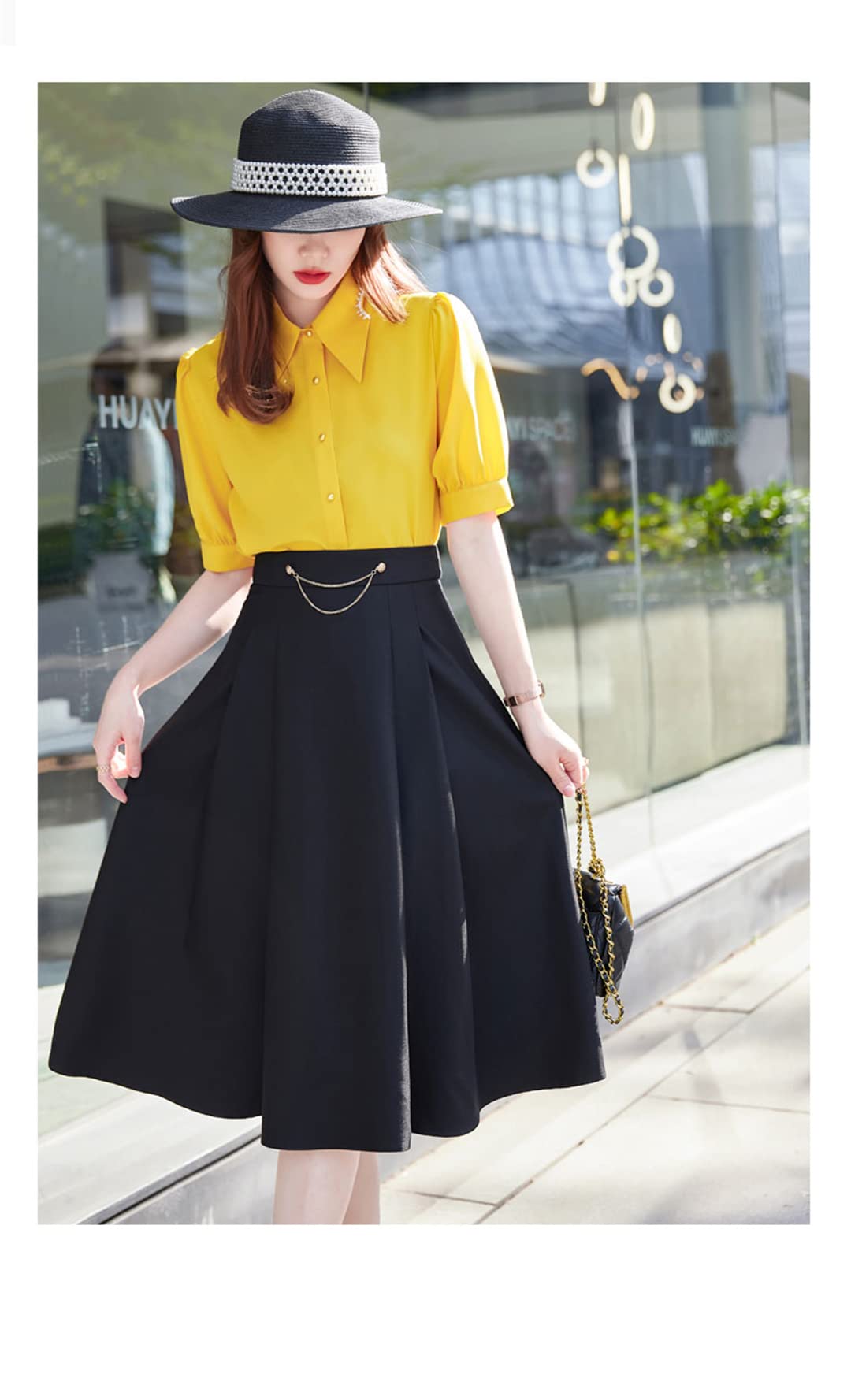 Camisa con Botones para Mujer, Manga Corta, Cuello en V, Blusa de Negocios, Blusas de Gasa Informales de Verano Yellow S