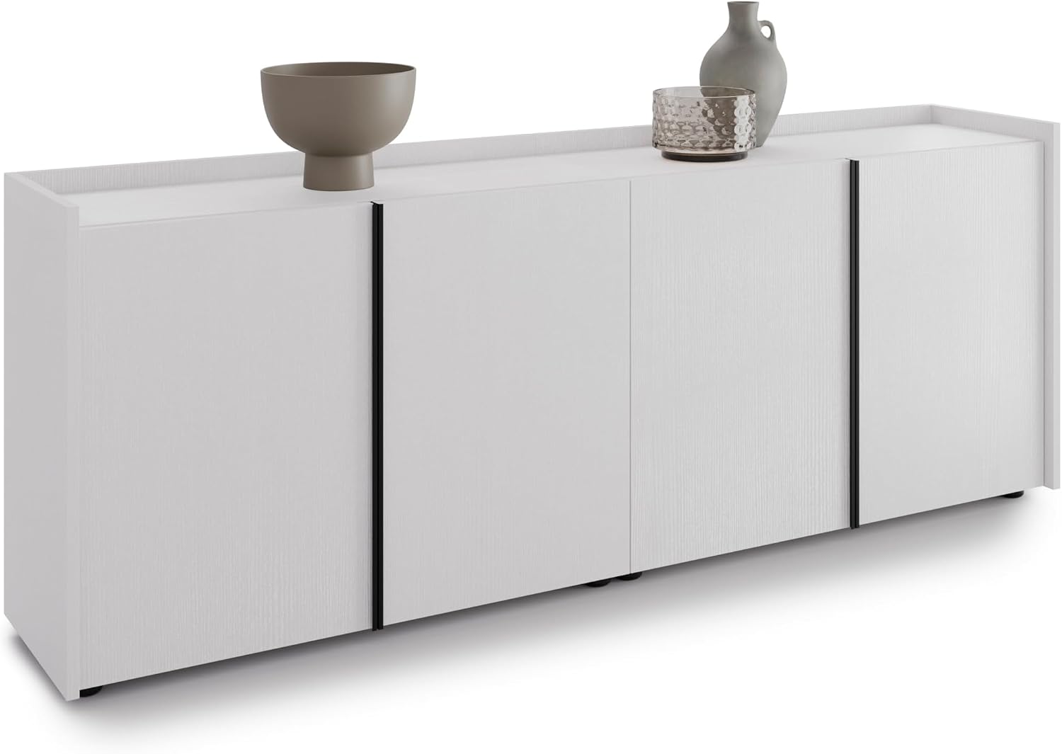 Mobili Fiver, Romina Low Sideboard (72.28x14.17x27.55 in), 4 Doors, Ashwood White, Made in Italy