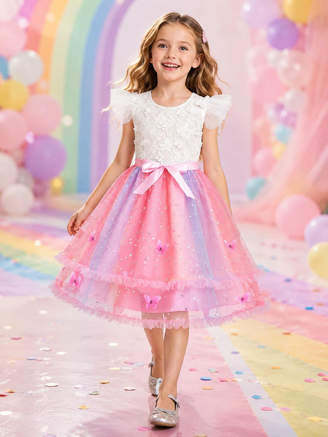 Girls Princess Dress, Kids Flutter Sleeve Lace Tulle V-Back Dress, Wedding Graduation Formal Birthday Party 3-10 Y