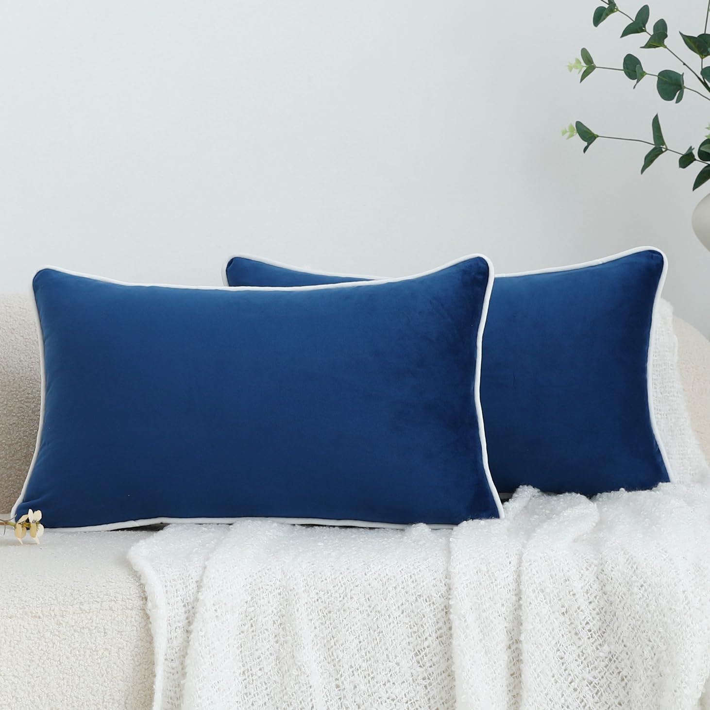 LIGICKY Set of 2 Nayy Blue Velvet Lumbar Pillow Covers Modern Minimalist Style Solid Decorative White Rope Edging Soft Rectangle Cushion Cases for