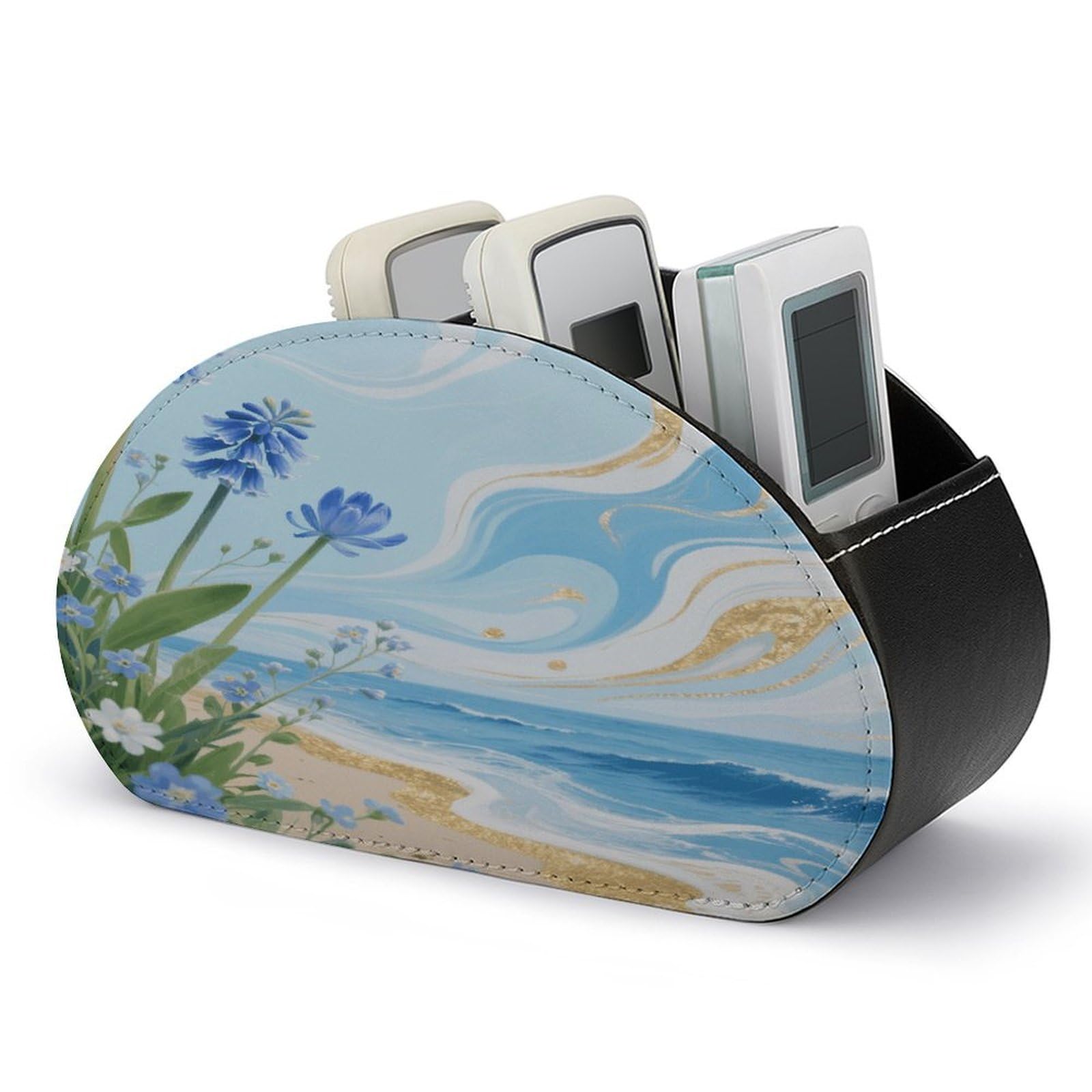 VstaDank Hawaii Floral Blue Remote Control Holder with 5 Compartments PU Leather TV Remoter Caddy Desktop Organizer TV Remote Holder Remote Box for Media Controllers Office Supplies