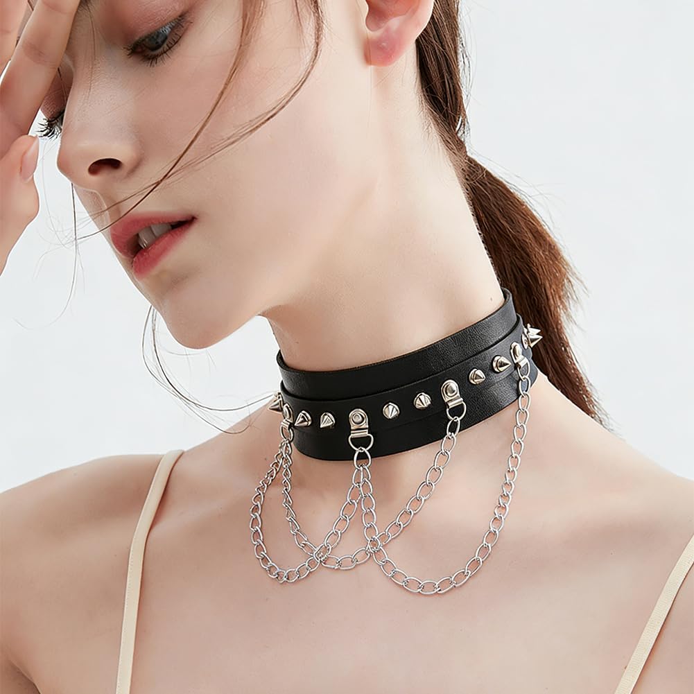 Punk Spiked PU Leather Chian Choker Metal Rivet Spikes Studded Collar Adjustable Gothic Leather Collar Necklace Rock Biker Strap with Clasp for Costume Jewelry Halloween Party Gift(Black)