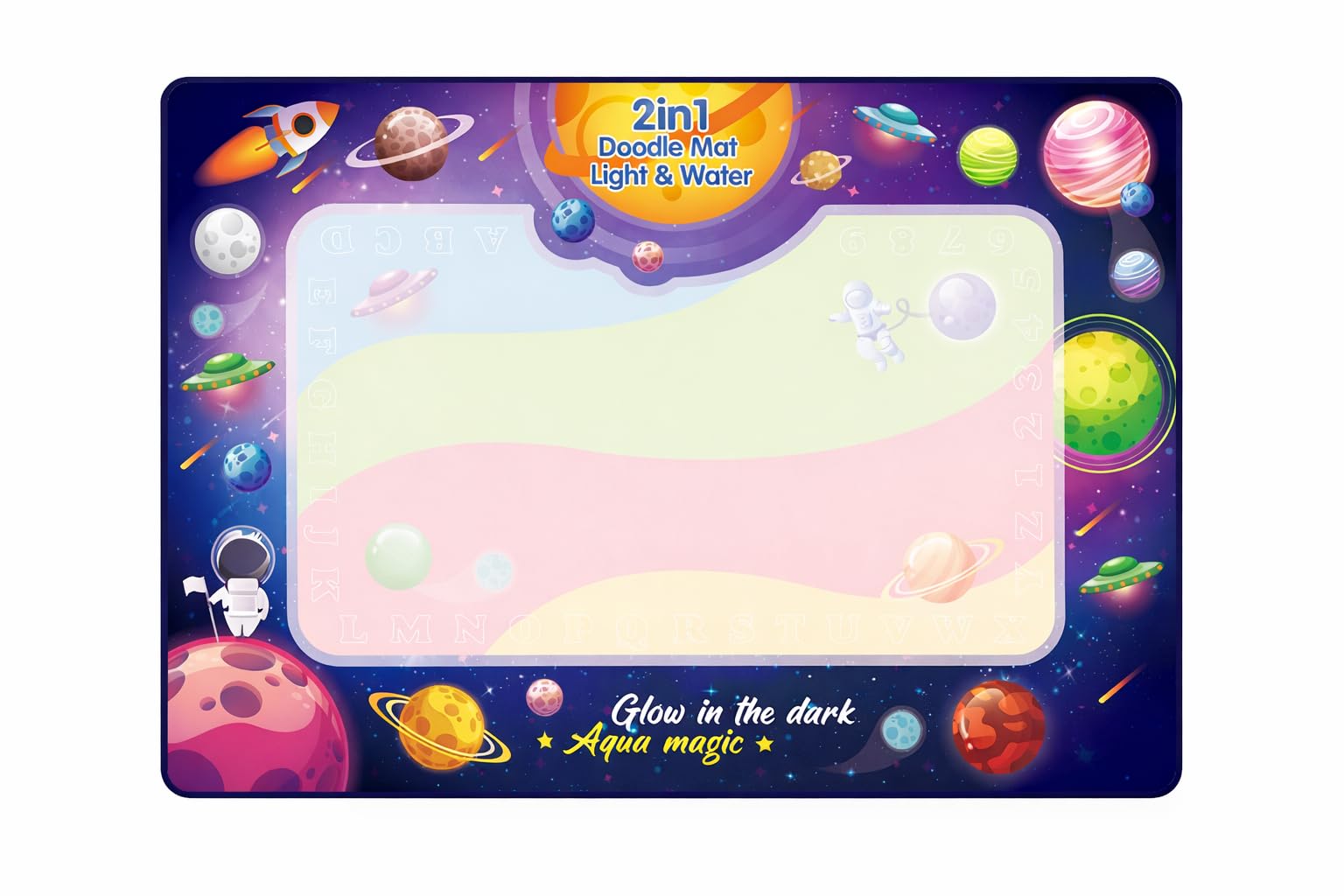 Photo 1 of *Box damaged* Happi Hoomin Water Doodle Mat for Kids – Mess Free Reusable Drawing & Writing Board, Neon Aqua Magic Coloring Mat, Educational Preschool Learning Toy for Toddlers Boys & Girls (Space)