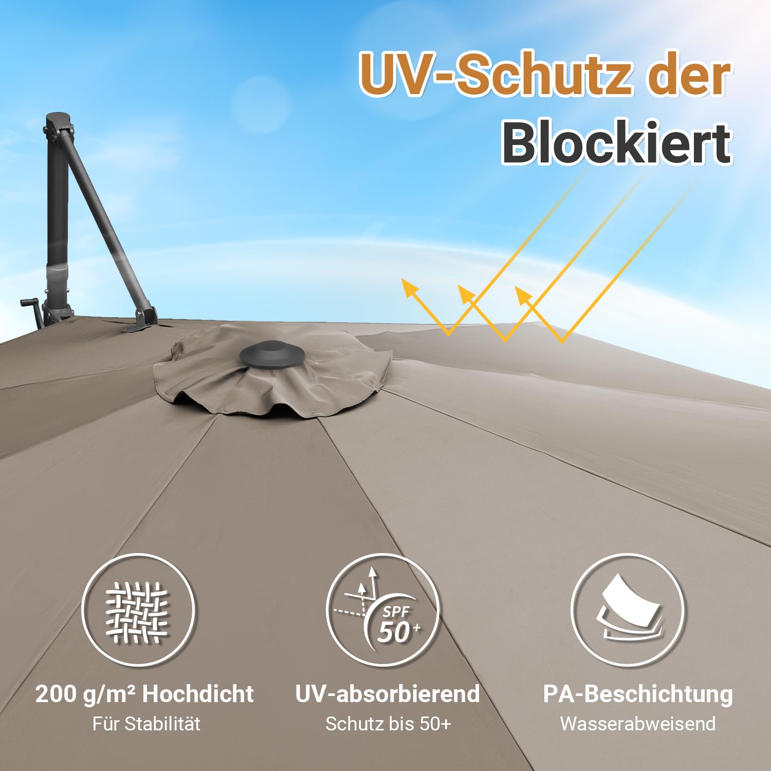 Sonnenschirm 300 cm Ampelschirm 3m, 360° drehbar, Gartenschirm mit Kurbel, 0-60° neigbar, UV50+, 8 Rippen, 48mm Mast, mit Kreuzfuß, optional mit Solar LED, Terrasse Garten