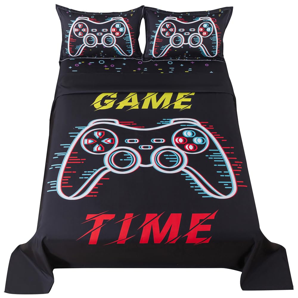 ADASMILE A & S Gaming Sheets Queen Size for Boys Kids 4 Pieces Video Games Bedding Sets for Teens Black Glitter Game Controller Bed Sheet with 2 Pillowcases Soft Microfiber All Season Home Decor