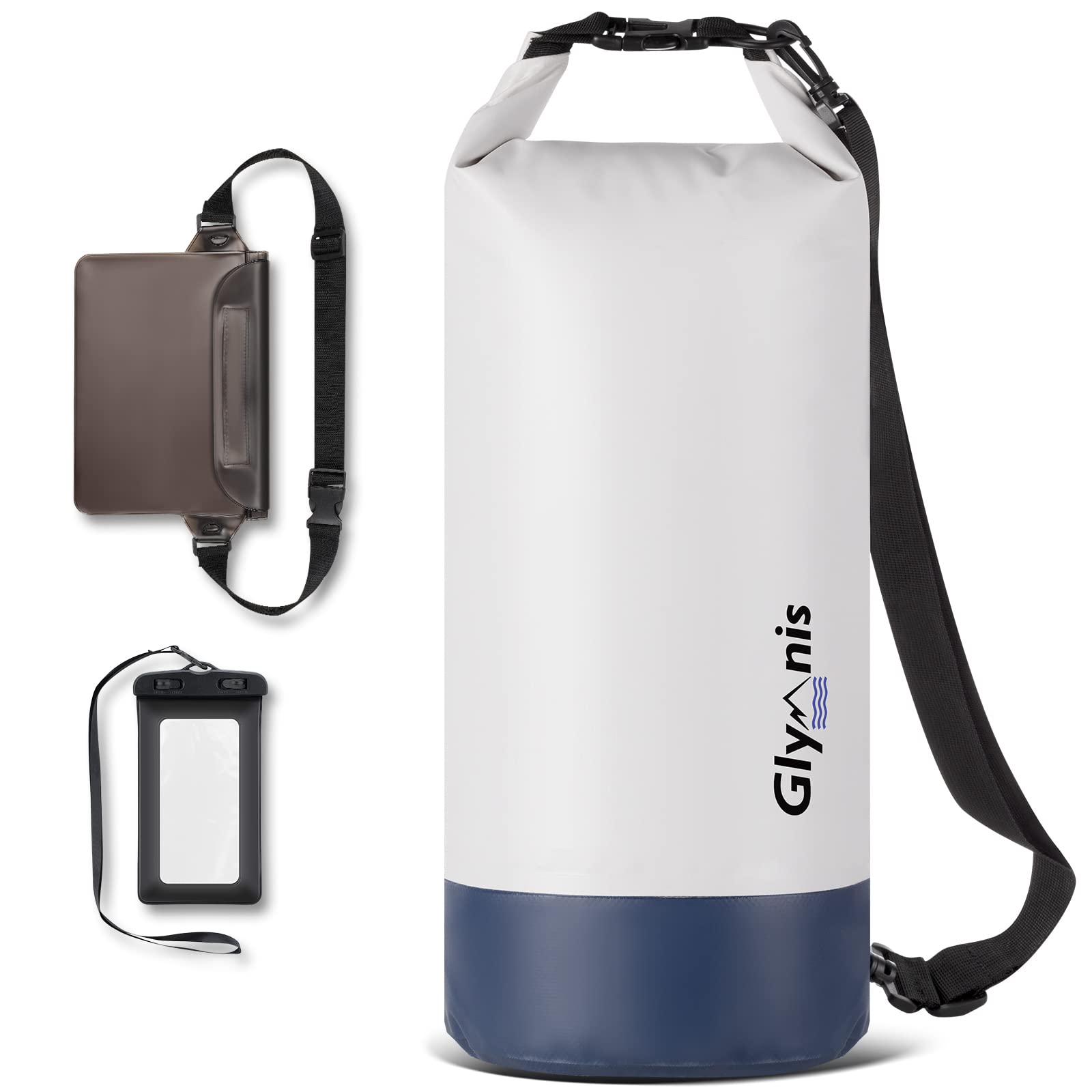 Glymnis Borsa Impermeabile con Tracolla Regolabile, 5L 10L 20L | 2 Custodie Cellulari, Tasca Interna, 3 in 1 Marsupio Impermeabile, Convient Barca Pesca Rafting Nuoto Kayak Campeggio