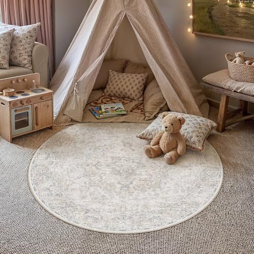 HUGEAR Beige Round Rugs 4x4 Washable Rug Indoor Carpet