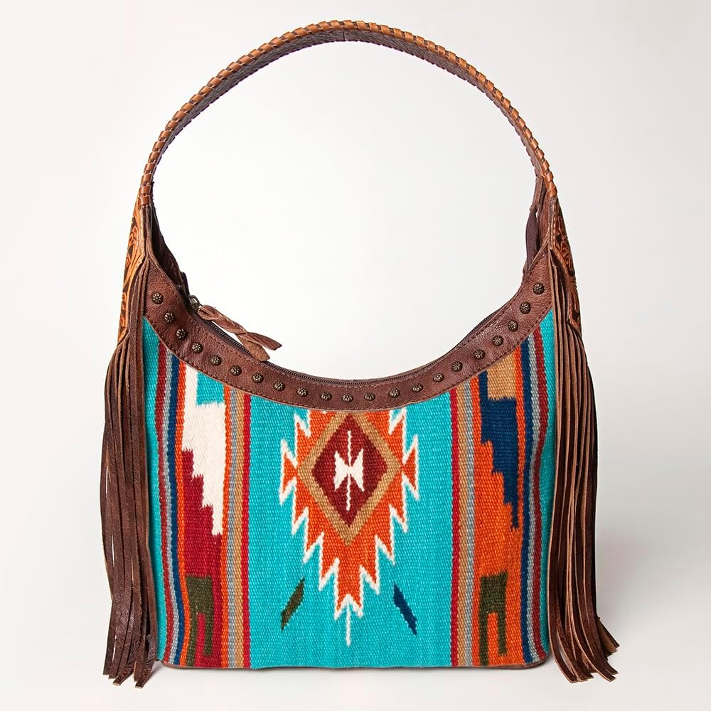 American Darling Hobo Bag for Women, Hand Tooled Floral Leather & Hair-On Cowhide Western Purse with Fringes & YKK Zipper