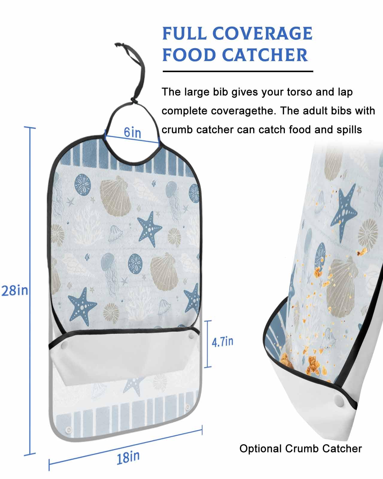 LEOKOTI Light Blue Coastal Adult Bibs for Eating, Waterproof Bibs with Food Catcher & Adjustable Snap Closure, Ocean Nautical Starfish Coral Striped Washable Clothing Protectors Adult Bibs for Elderly