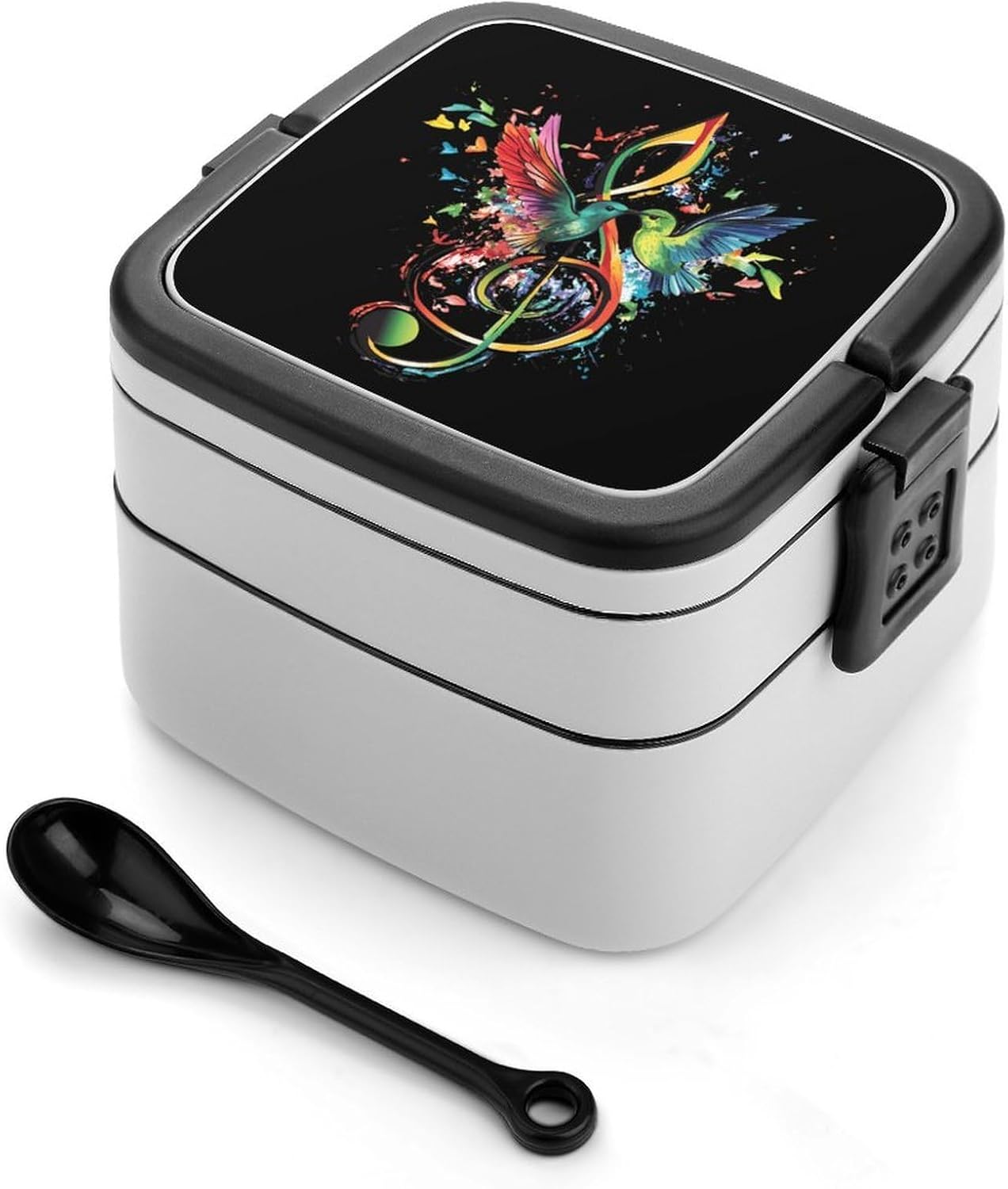 Musical Instrument Treble Clef Bird Music Bento Box with Spoon 2 Layer Food Container Cute Lunch Box for Travel Dining Work