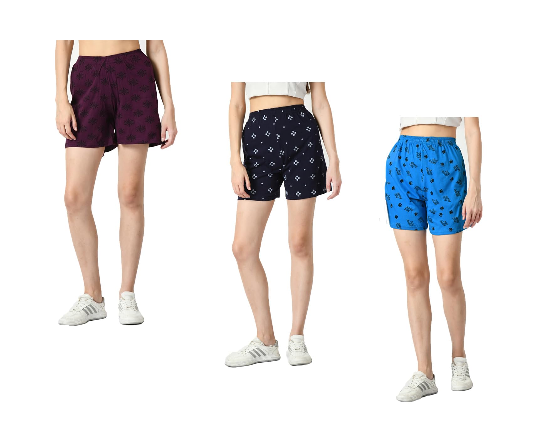 kayu Pack of 3 Women’s Cotton Printed Shorts Comfortable Elastic Waist Casual Lounge Summer Shorts for Women Purple, Navy Blue, Blue-picture-0
