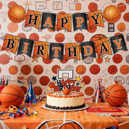 Image of Hooqict Basketball Happy Birthday Banner Birthday Party Decorations Basketball Party Banner Garland Sign for Kids Boys Men Sport Theme Game Day Decorations Supplies