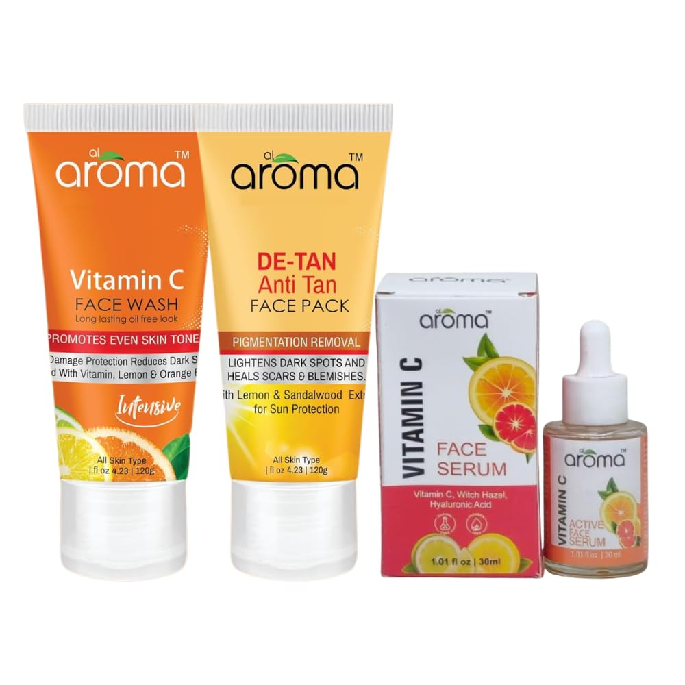 Alaroma Vitamin C Skincare Combo | Face Serum 30ml + De Tan Face Pack 120g + Vitamin C FaceWash 120g | Brightening, Anti-Tan & Skin Radiance Kit | For All Skin Types-picture-24