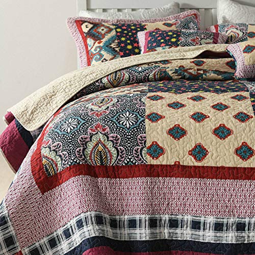 NEWLAKE Bedspread Quilt Set with Real Stitched Embroidery, Red Garden Pattern,Queen Size