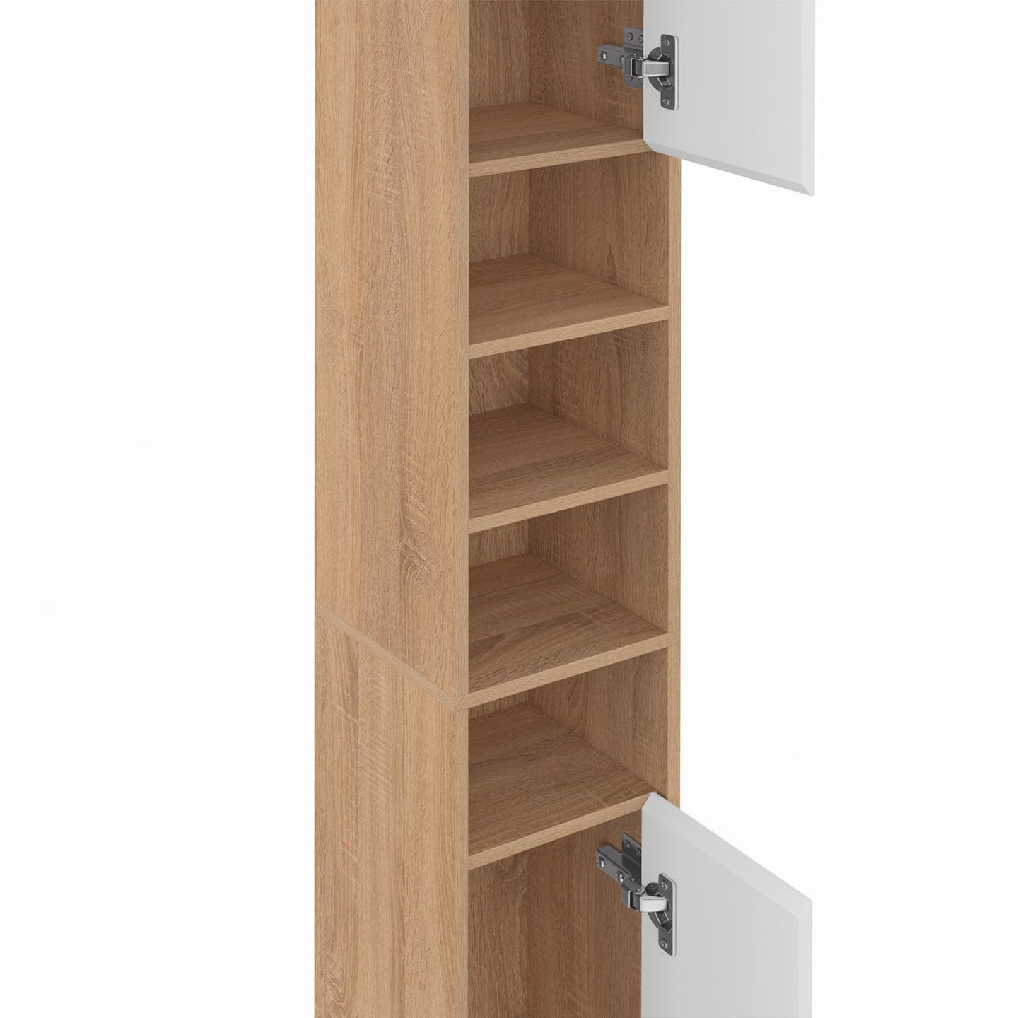 IDMarket - Meuble Colonne Salle de Bain TOMI 2 Portes 4 niches façon hêtre et Blanc