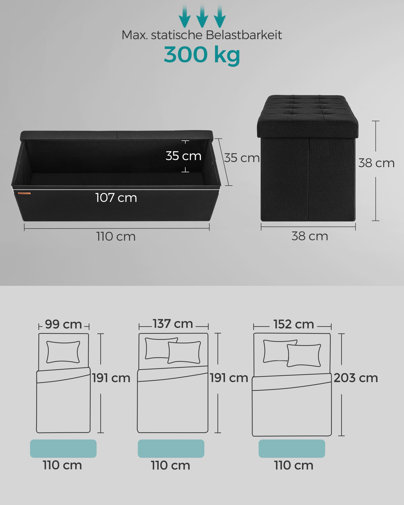 Klappbare Sitzbank mit Stauraum – 110 cm breit