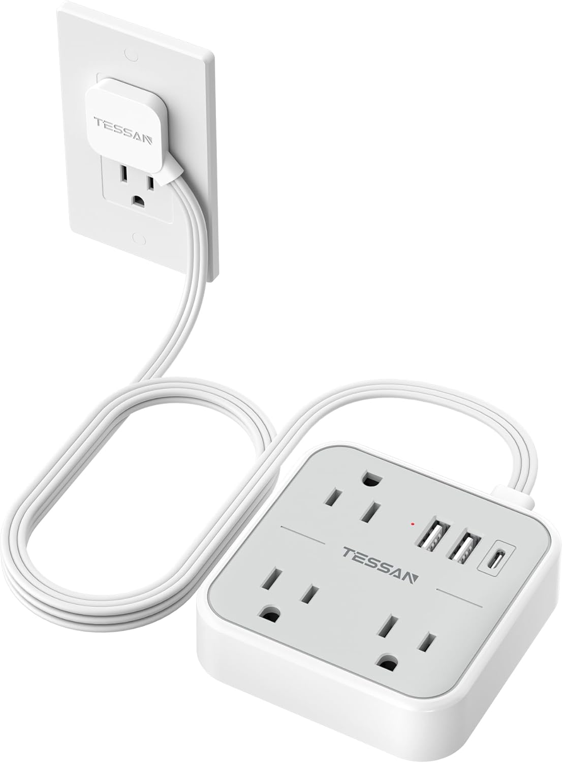 TESSAN Ultra Thin Flat Extension Cord 5 FT, Slim Power Strip with USB Ports (1 USB C), Surge Protector Flat Plug Wall Charger with 3 Outlets for Office, School, Dorm Room Essentials