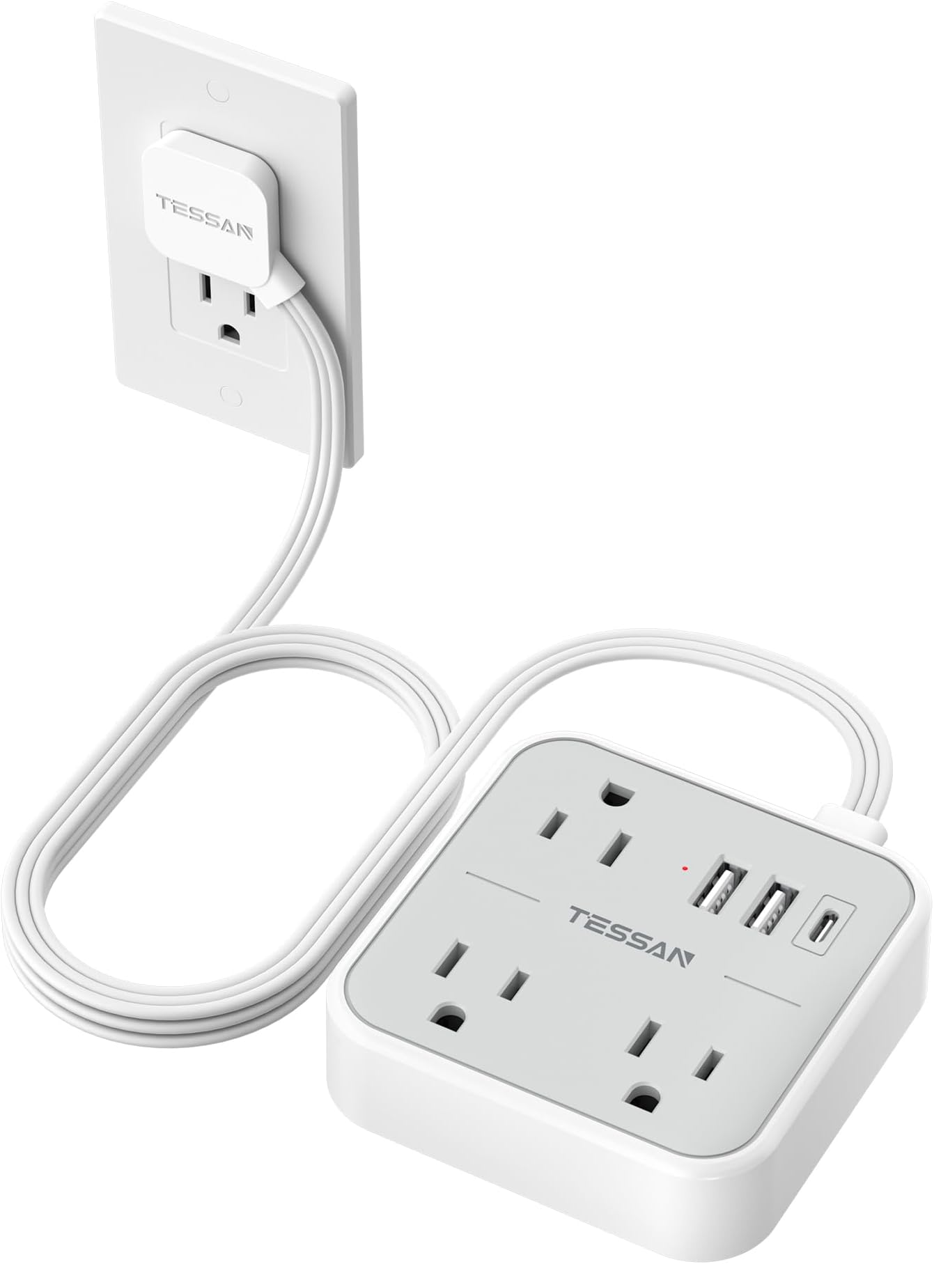 Ultra Thin Flat Extension Cord 5 FT, TESSAN Slim Power Strip with USB Ports (1 USB C), Surge Protector Flat Plug Wall Charger with 3 Outlets for Office, School, Dorm Room Essentials