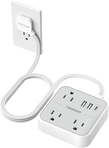 TESSAN Cable de extensión plano ultradelgado de 5 pies, regleta de alimentación delgada con puertos USB (1 USB C), protector contra sobretensiones