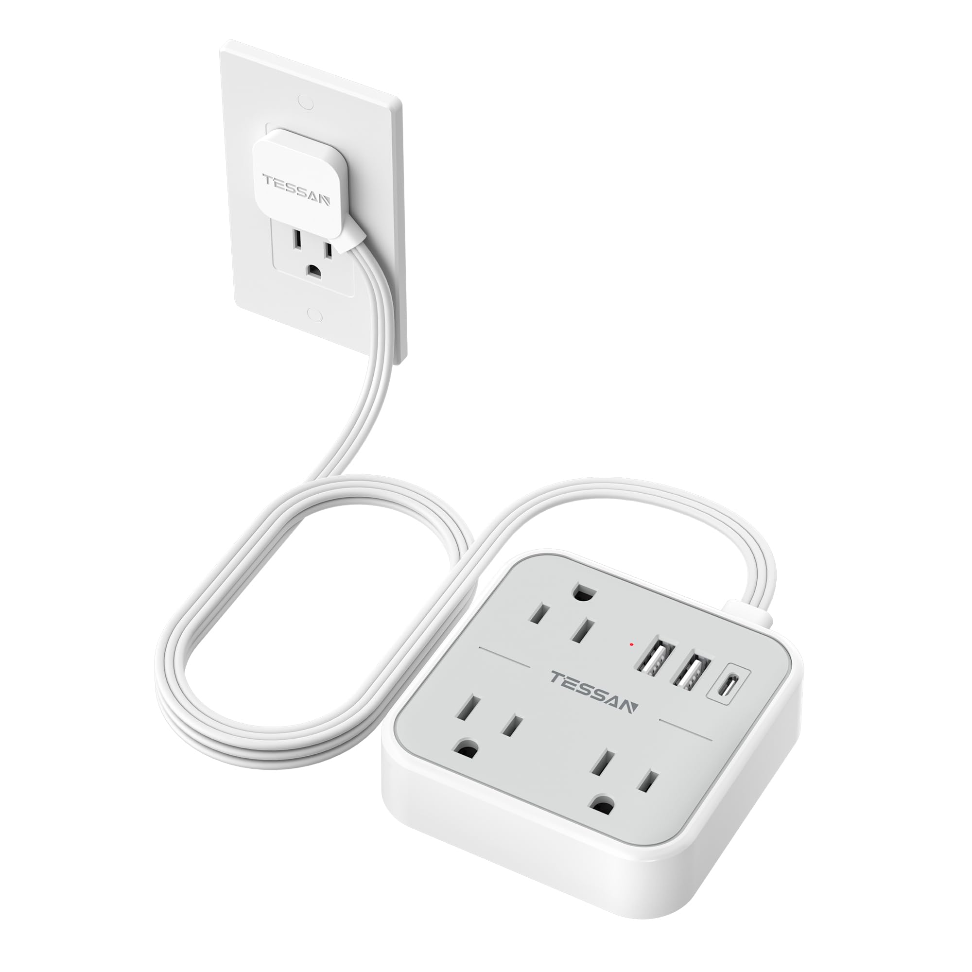 Ultra Thin Flat Extension Cord 5 FT, TESSAN Slim Power Strip with USB Ports (1 USB C), Surge Protector Flat Plug Wall Charger with 3 Outlets for Office, School, Dorm Room Essentials