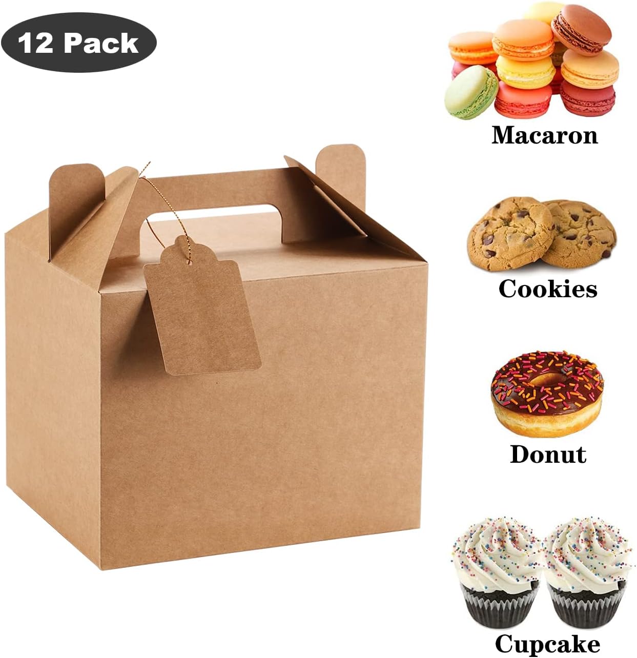 12 Pack Brown Treat Boxes, Kraft Paper Party Favor Boxes Gable Boxes Gift Boxes for Kids' Birthday Party, Wedding, Baby Shower, with Tag 7 x 5.5 x 5.5 Inches - Image 2