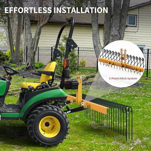 YITAMOTOR 60" Durable Powder Coated Steel Pine Straw Rake Steel Spring Landscape Rake Attaches to Cat-0 Cat-1,3 Point Hitch for Tractor, Yellow