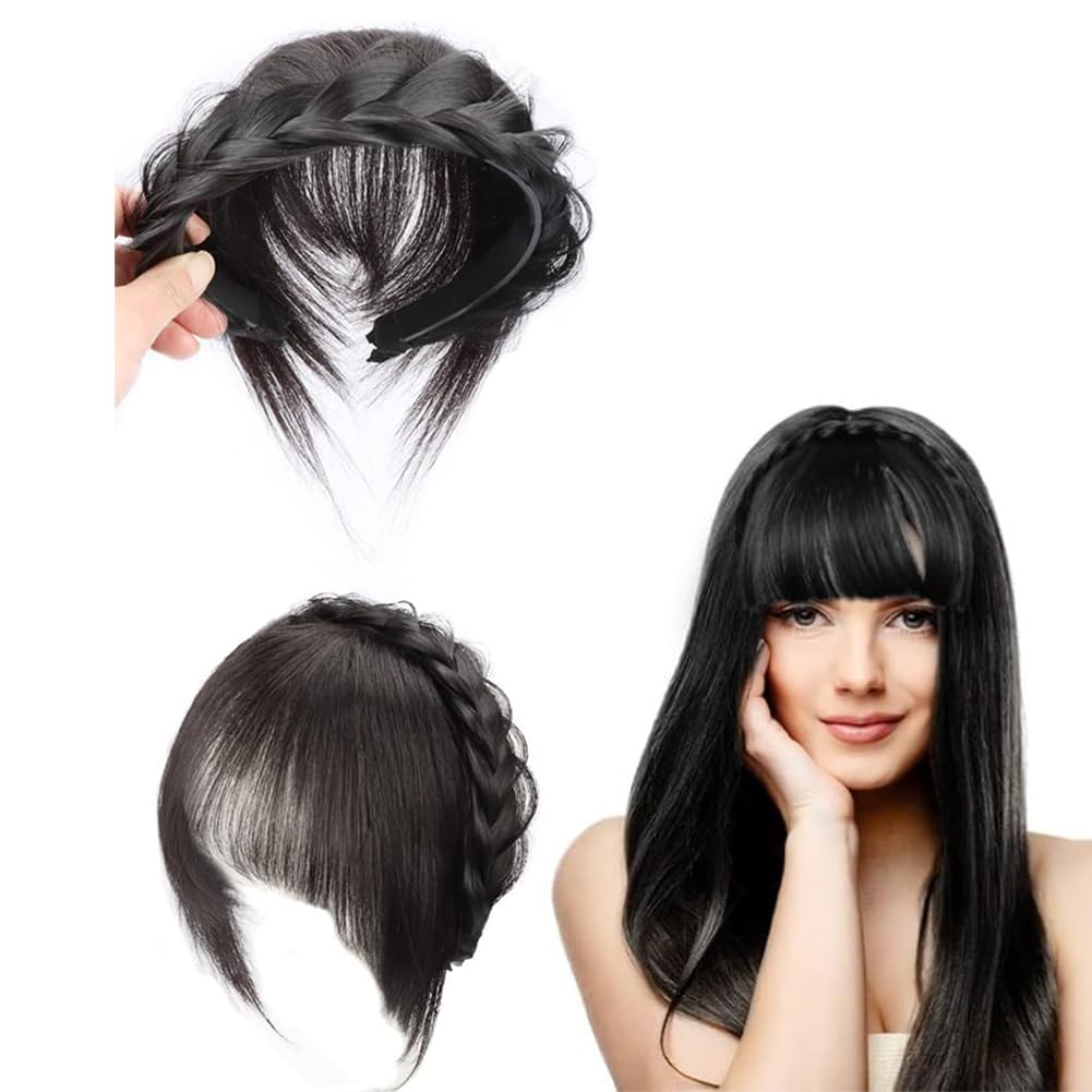 Front Hair Bangs Wigs Headband, Front Hair Bangs Fringe Synthetic Wigs Headband for Women Girls (Black)