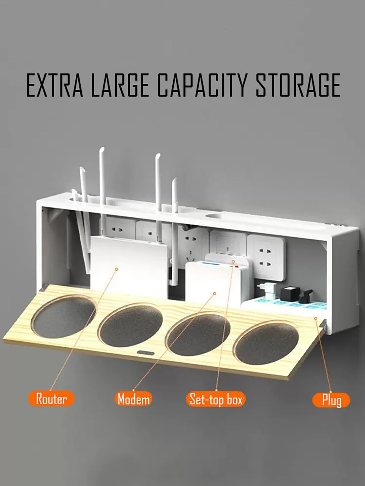Generico Scatola portaoggetti in Legno per Router WiFi - Supporto Organizer da Parete con sportello in Acrilico Satinato per Console multimediale, Dvd, decoder, Telecomando - Elegante Decorazione BIA