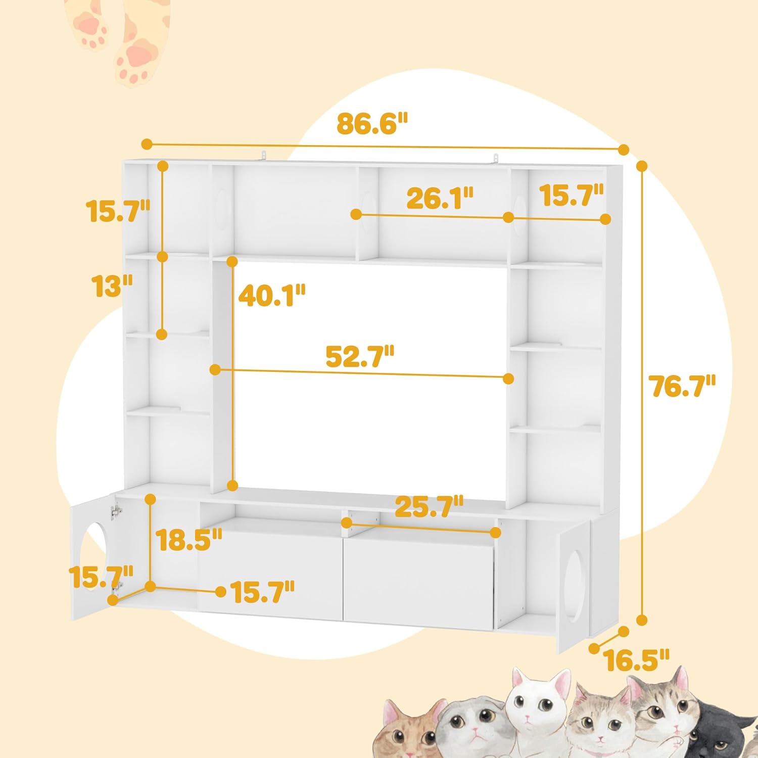 review Cat House Condo with Shelves & Drawers,Indoor Wooden Hidden Cat Tree with Door Storage Cabinets,TV Stand Entertainment Center Console, Bookshelves,White