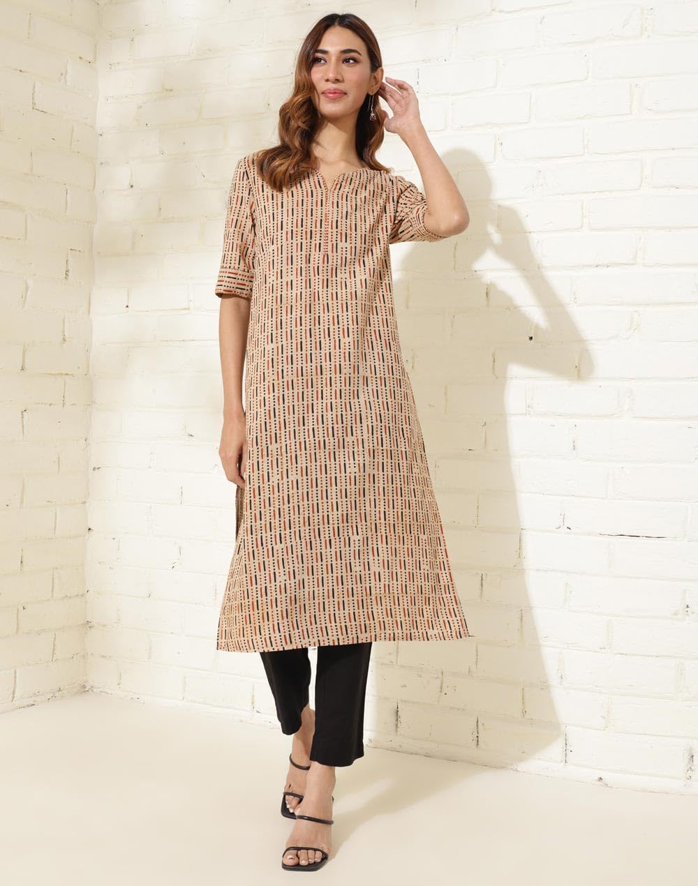 Fabindia Women's Cotton Printed Regular Kurta (1037284Beige_Beige