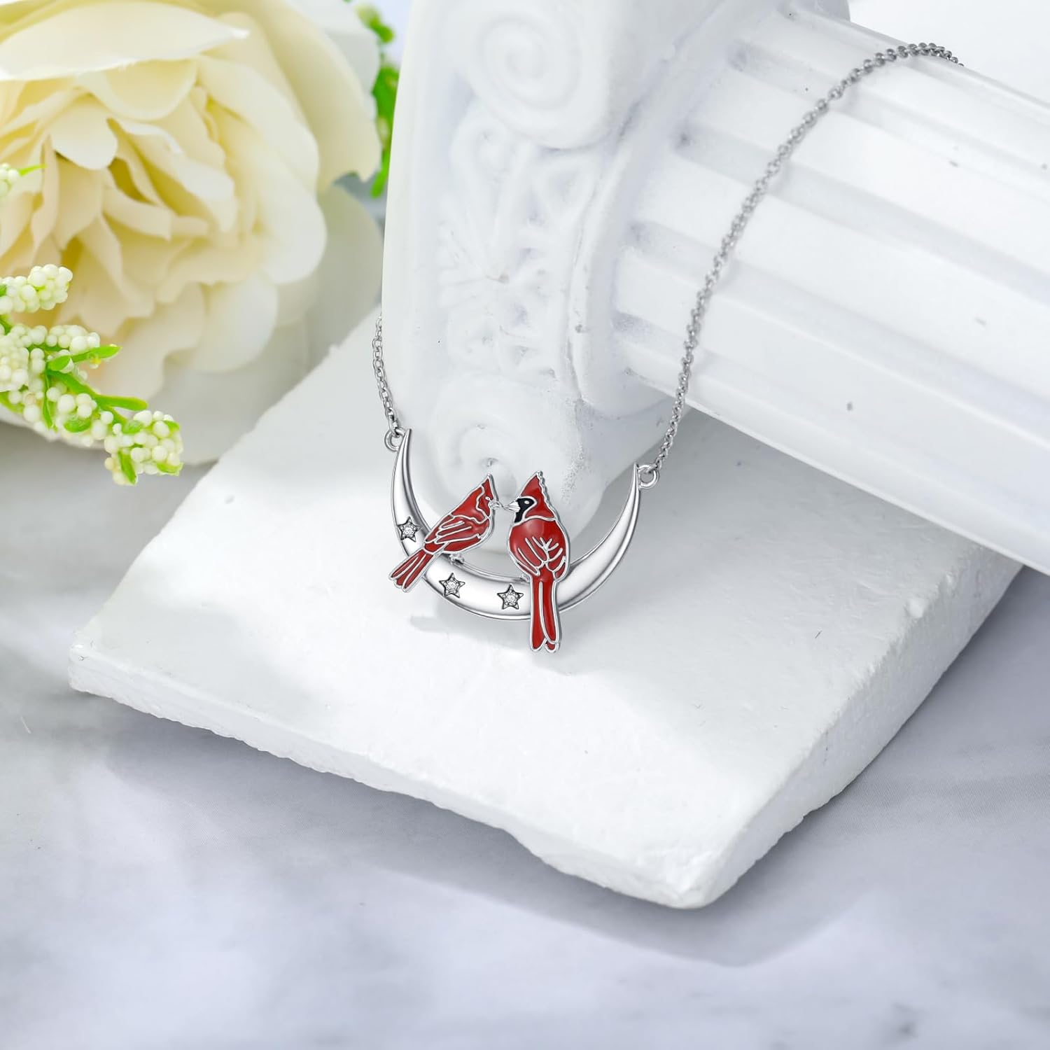 Cardinal Necklace with Diamonds 925 Sterling Silver Moon Pendant Red Cardinal Bird Necklace Birthday Jewelry Gifts for Women - Image 5