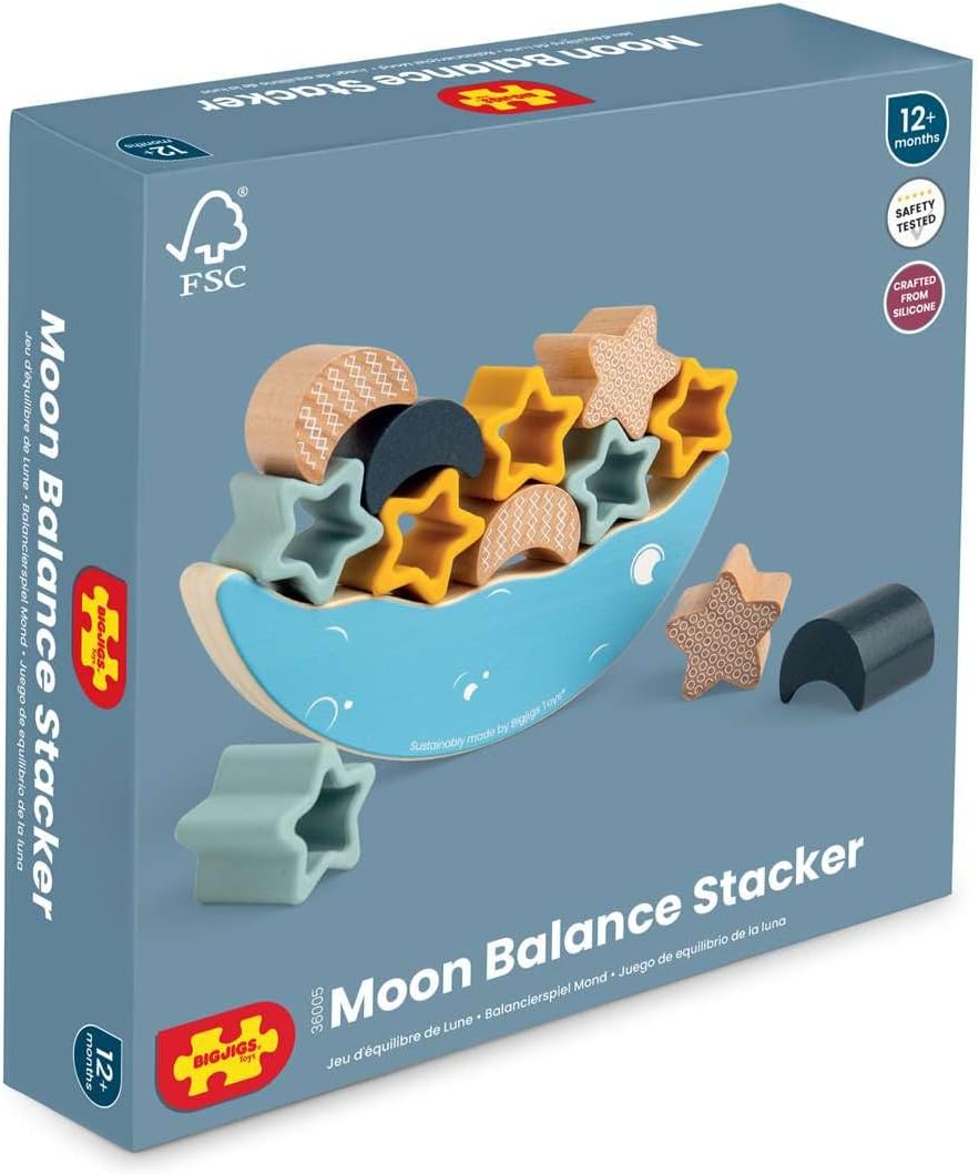 Bigjigs Toys Moon Balance Stacker - 9 Piece Moon & Stars Wooden Stacking Toy, Kids Balancing Games, Made from Eco-Friendly Wood & Silicone, Baby Toddler Montessori Toys, Gifts for 1 2 3 Year Old