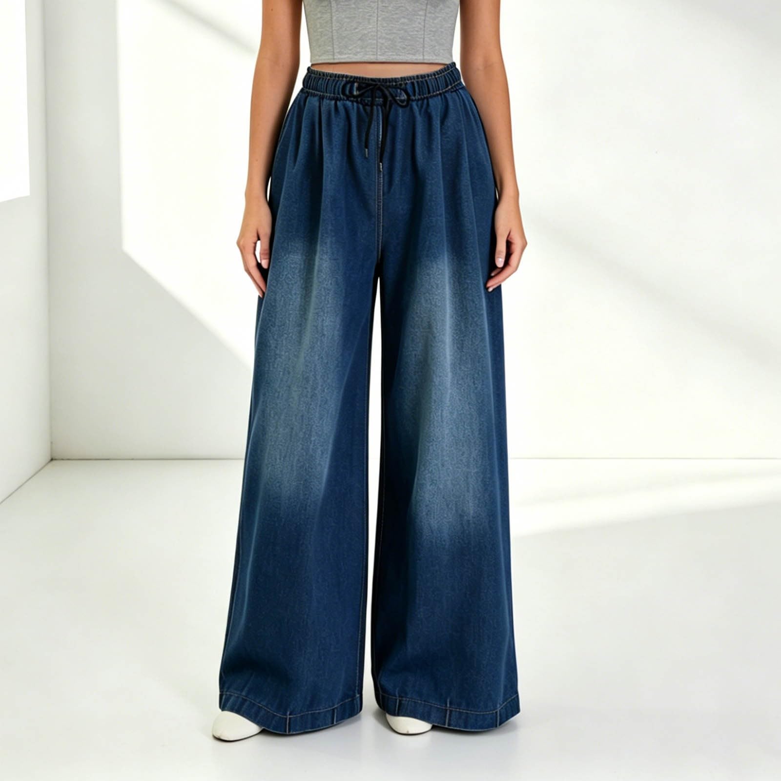 Damen Jeans Mit Gummizug Bund - Marlenehose Damen Elegant Große Größen | Elastische Mit Kordelzug Jeanshosen High Waist Stretch Denimhose Oversize Jeanshose Straight Palazzohose Streetwear