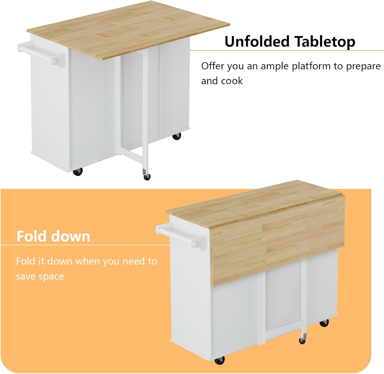 Kitchen Island on Wheels with Storage Rolling White Kitchen Island Cart with Storage Cabinet 2 Drawers, Foldable Rubberwood Table Top, Spice Rack, Towel Holder and Wine Rack