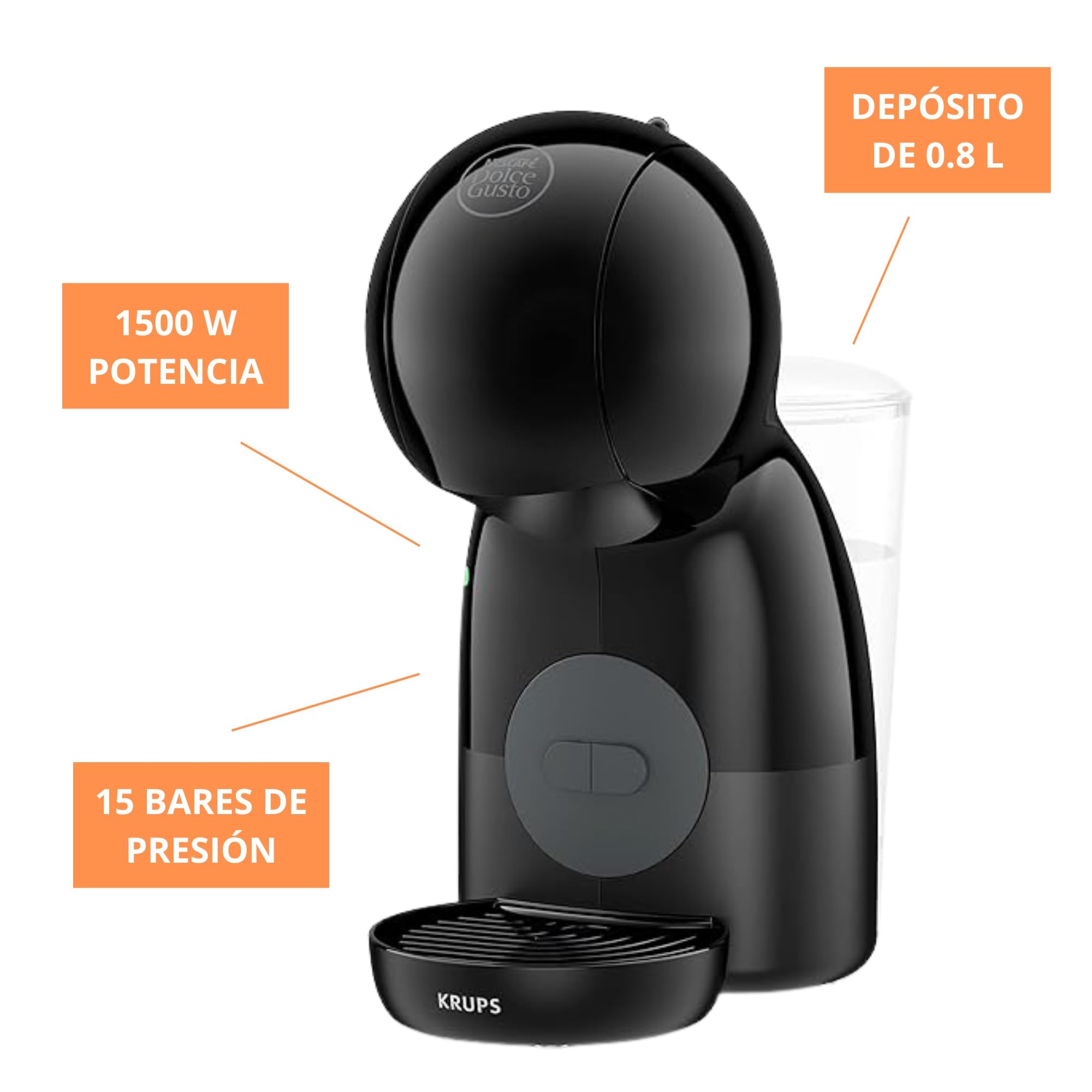 Krups Nescafé Dolce Gusto Piccolo XS - Cafetera cápsulas, 15 bares de presión, 1500 W potencia, depósito de 0.8 L, monodosis multibebidas frías y calientes, manual, compacta, negro y gris
