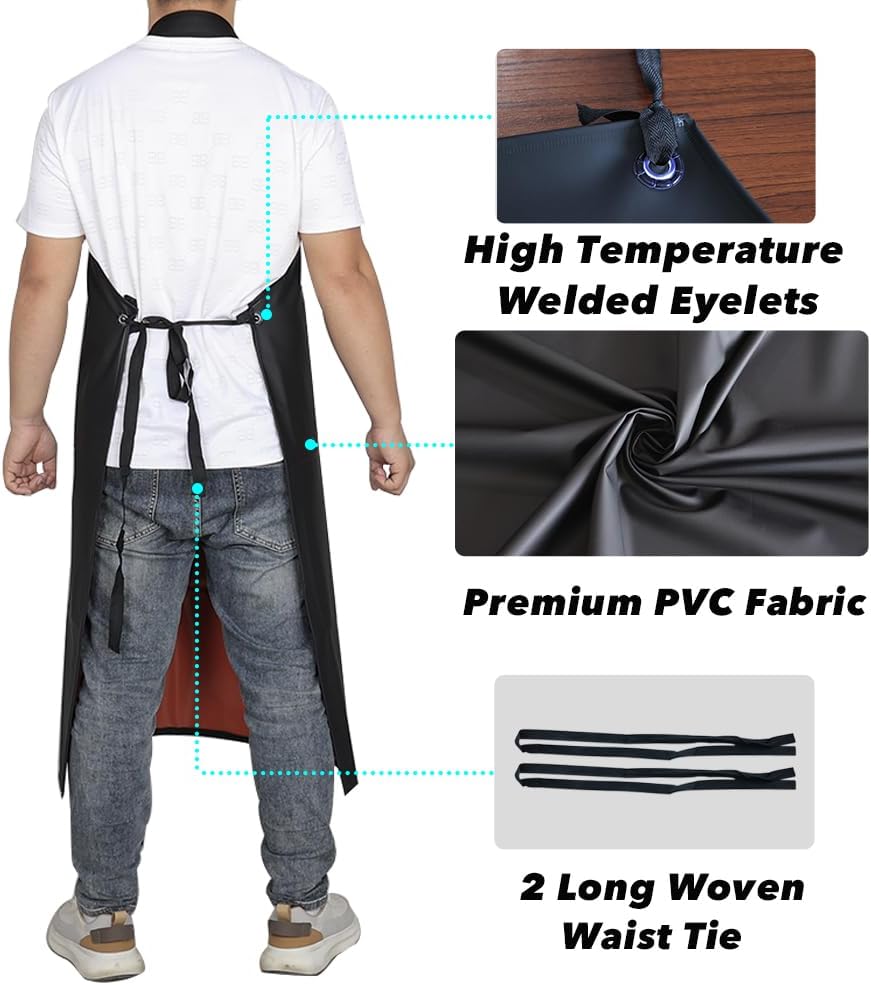 Waterproof Rubber Vinyl Apron -42.5" x 33.8" Plus Size Double Reinforced Chemical Resistant PVC Black Bib Apron
