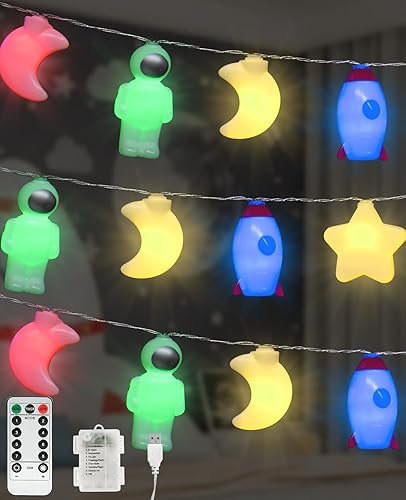 AceList Guirnalda de 20 luces LED espaciales, nube mágica, decoración de cohetes y astronautas  USB y batería para habitaciones de niñosniños,
