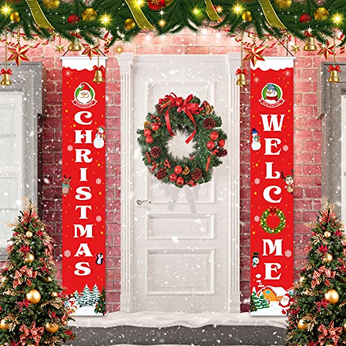 Gohytal Bannières de Noël,2 PCS Bannière de Noël Décoration Joyeux Noël Porche Signe Bannière Rouge Bannières Suspendues Bannière Signe de Porche de Noël Bannière Merry Christmas pour Porte d'Entrée Cover