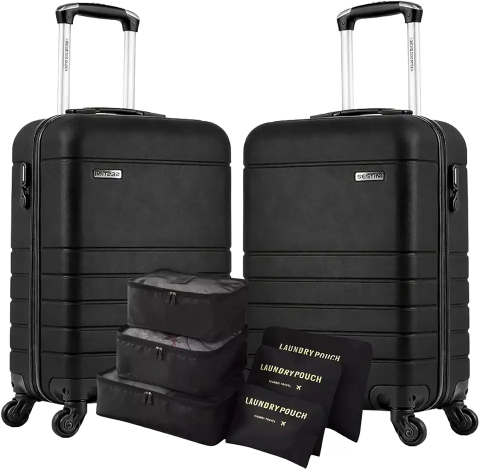 Jogo 2 Malas Bordo 10kg Rodinhas Removíveis, Cadeado Integrado Personalizavel, ABS Capacete de PIloto + Kit Organizador Necessaire 6 pçs de Viagem Sestini (Kit 2 Bordos, Essencial 2 Preto)
