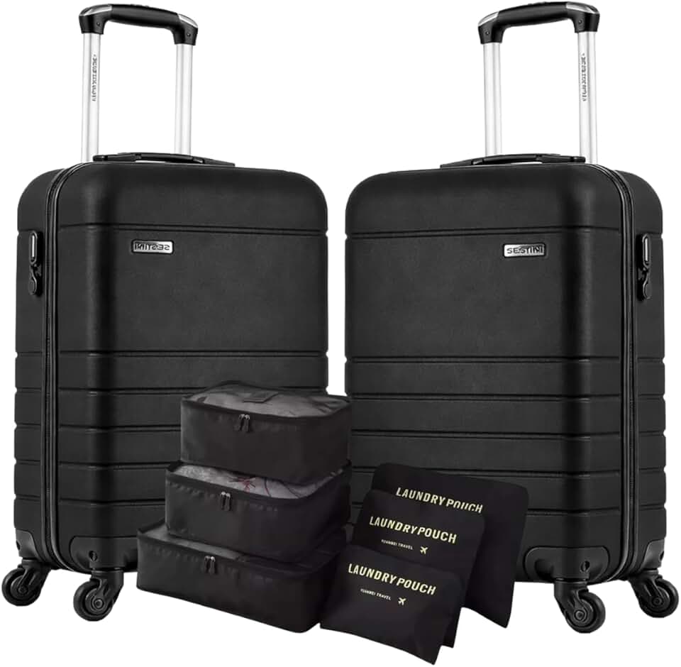 Jogo 2 Malas Bordo 10kg Rodinhas Removíveis, Cadeado Integrado Personalizavel, ABS Capacete de PIloto + Kit Organizador Necessaire 6 pçs de Viagem Sestini (Kit 2 Bordos, Essencial 2 Preto)