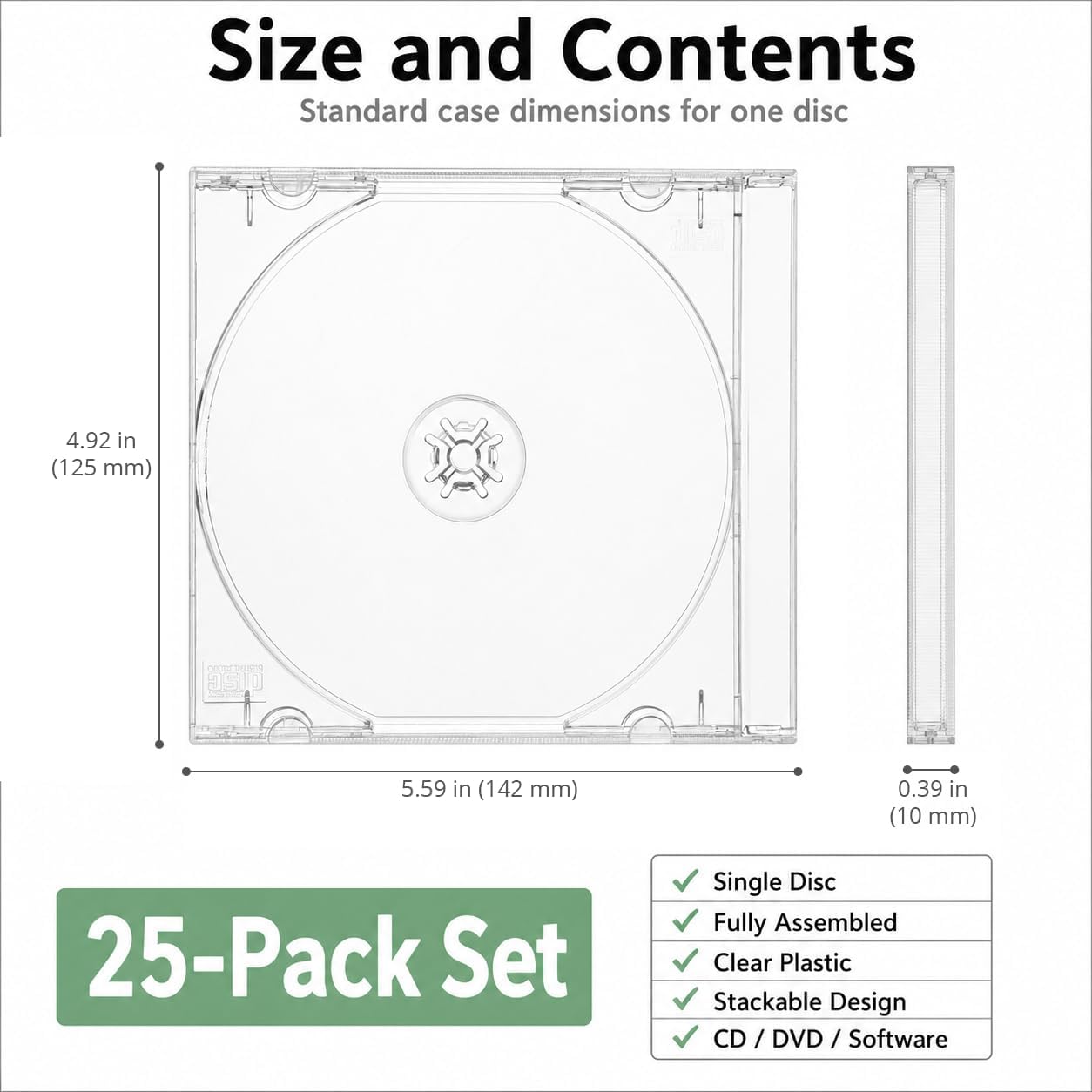 QWORK 25 Pack Standard CD Jewel Cases 10.4mm Clear Single Disc Storage Boxes – Heavy Duty Replacement Covers for Music Albums, Movies & Data – Transparent Protective Cases with Trays