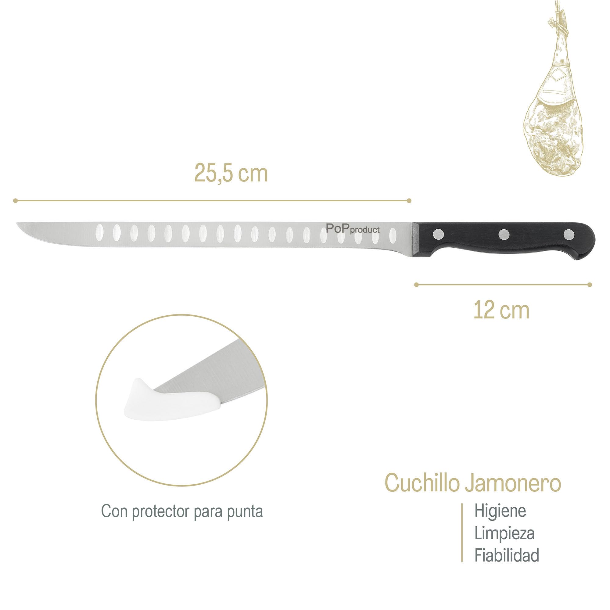 Cuchillo Jamonero Forja de Acero Alemán, alveolado en las dos caras. Hoja de 255 mm de acero inoxidable. Mango ergonómico de Polioximetileno-POM de 120 mm.